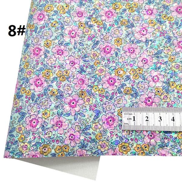 Shiny Spring Flower Printed Glitter Cotton Velvet Bottom PU Leather Fabric