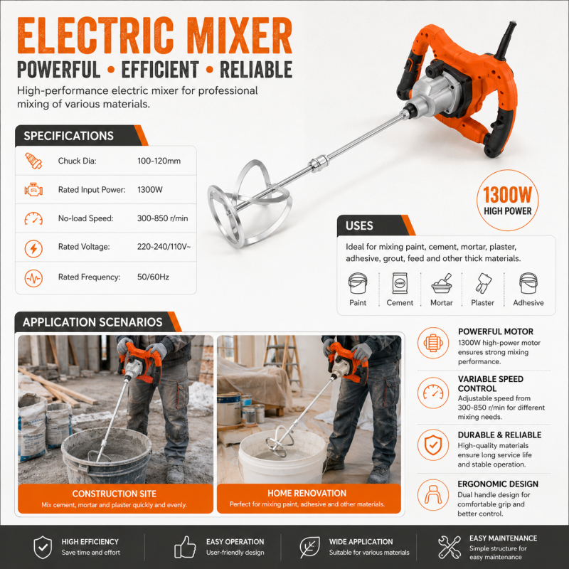 1300W Electric Mortar Mixer Variable Speed Professional & DIY Grade Trigger Switch Cement Paint Adhesive Mixing Machine