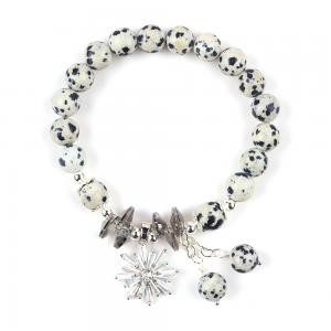 China Custom Gemstone 8mm Round Dalamation Jasper With Snowflake Charm Bead Bracelet For Gift Giving on sale