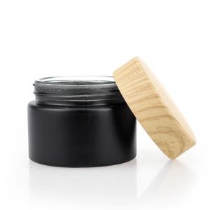China Black Matte Glass Jars 50g Cosmetic Packaging Set Bamboo Color Screw Cap on sale