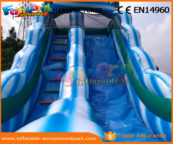0.55mm PVC Tarpaulin Commercial Inflatable Slide Blue Palm Tree Slide With Pool