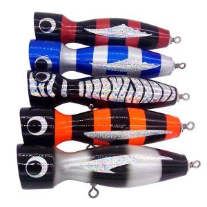 China 3D eyes multi color 130mm 70g hard wood body handmade fishing popper wooden fishing lure wholesale on sale