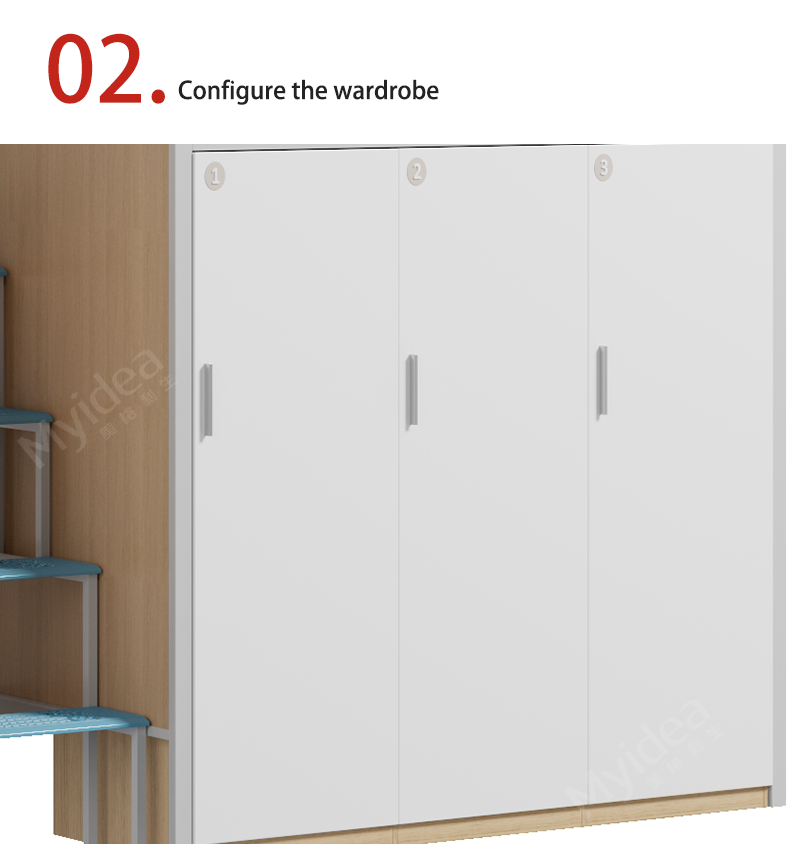 Dormitory Three Person Bed with Wardrobe, Safe Night Light Step Ladder, High Guardrail, Bed Curtain, School Dormitory Bed