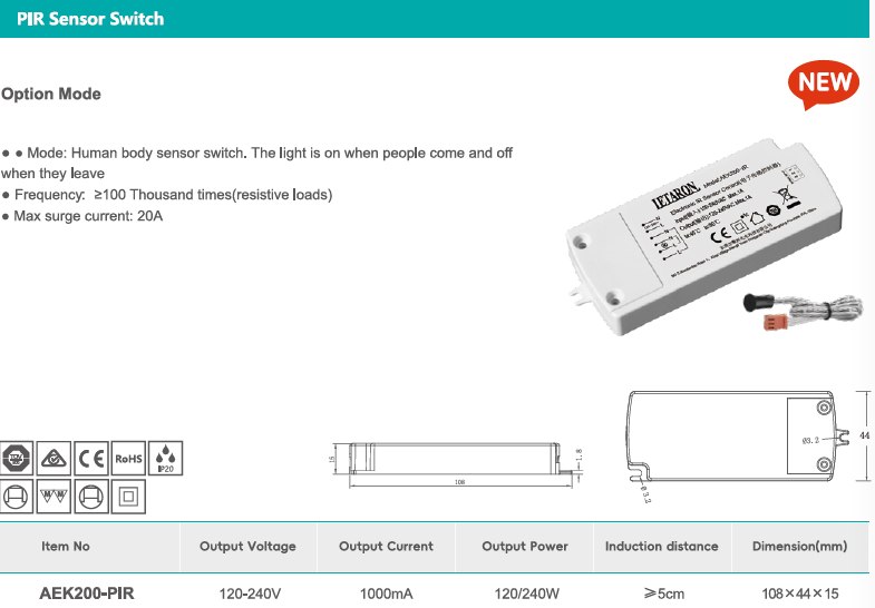 High Voltage 120-240V PIR Motion Sensor Switch For Smart Home Cabinet Lighting