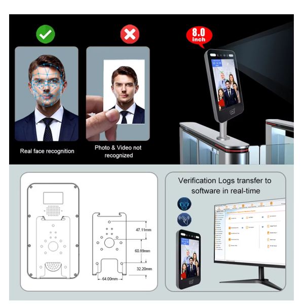 8-Inch WiFi TCP HD IPS Biometric AI Face Recognition Door Access Control System RFID Reader Night Vision Motion Detection