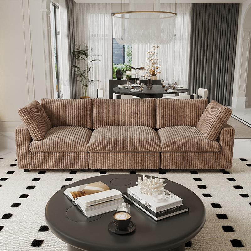 Custom Wood Frame Corner Sofa Modular Sectional Sofa Set Brown Corduroy Fabric Sponge 3 Seater Could Couch for Living Room