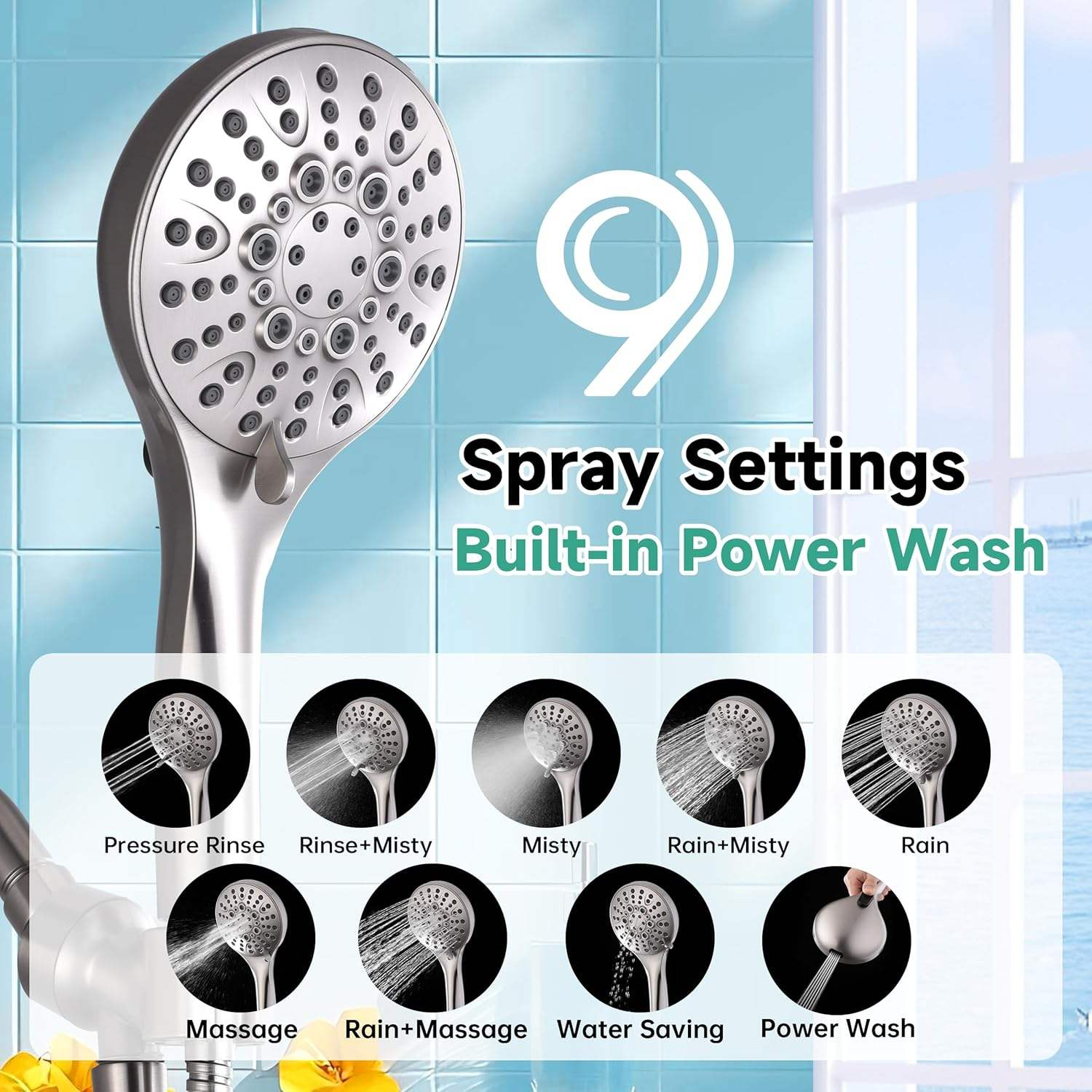 High-Pressure Handheld Shower Head With 9 Spray Settings, 69-Inch Flexible Hose With Adjustable Bracket, Brushed Nickel Finish