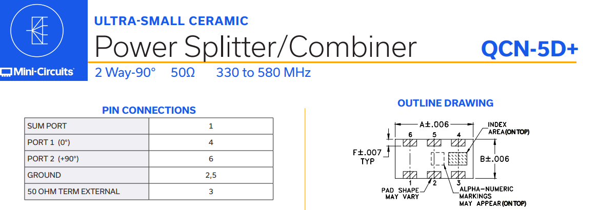 QCN-5D+ is a 90-degree hybrid combiner produced by Mini-Circuits