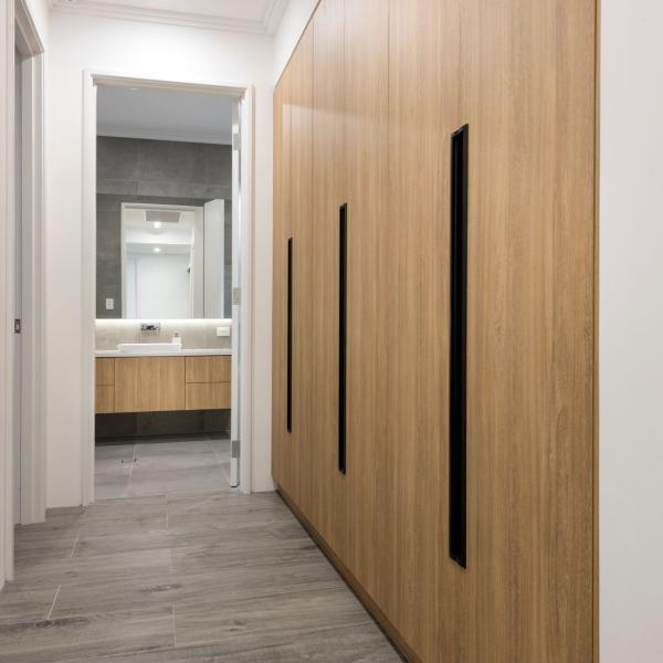 Modern I Shaped Swing Door Wardrobe Wood Texture Timber Veneer With Led Light Luxury Bedroom Closet