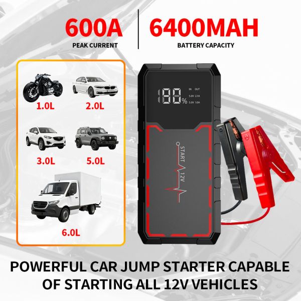 Outdoor 12V Multi Function Portable Car Jump Starter 6800mAh Battery Lithium Battery Booster SmartEmergency Car Jump Starter with Digital Control, LED