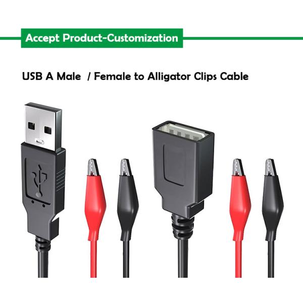 Male Female USB Connector to Dual Copper Crocodile Clamps Alligator Clips Test Leads Wire Adapter Cable for Electrical Circuit
