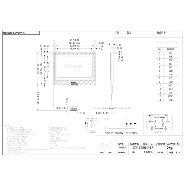 COG12864-18 128x64 DOTS Industrial Monochrome COG LCD Display