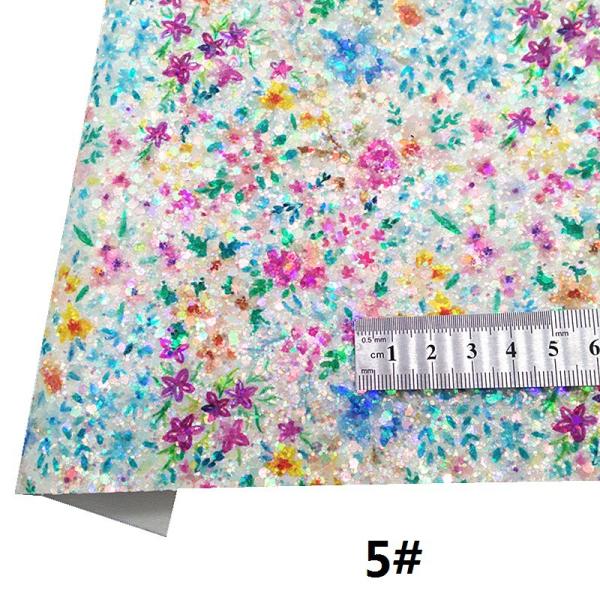 Shiny Spring Flower Printed Glitter Cotton Velvet Bottom PU Leather Fabric