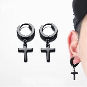 China Punk Men Ear Stud Circle Round Cross Huggie Earrings for Men Small Crucifix Cuff Earings Stainless Steel Hip Hop Male Je on sale