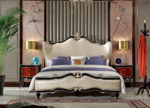 China Luxury home furniture Leather Bedroom furniture set of King bed in Leather upholstered by high glossy painting furniture on sale