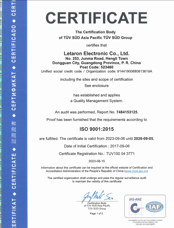 Letaron Electronic Co. Ltd. Certifications