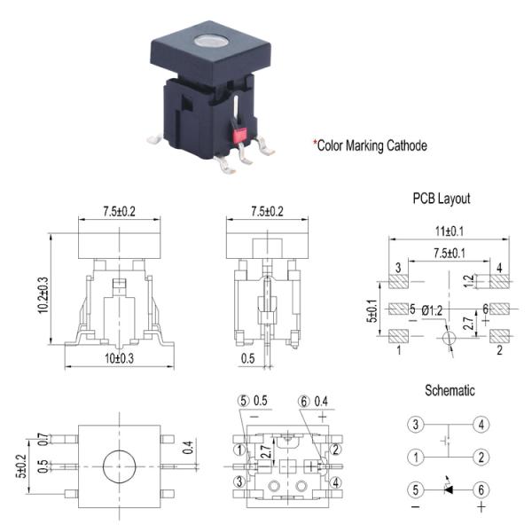 Hole Head 6 Pin 6x6 SMD Illuminated Tact Switch