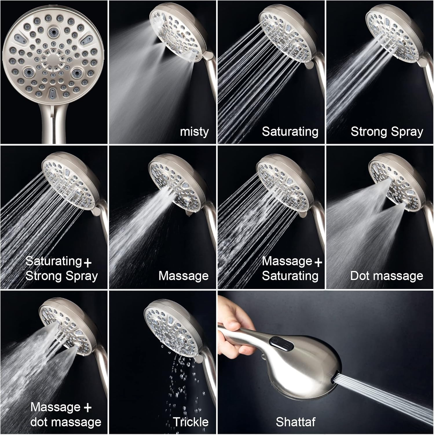 High-Pressure Handheld Shower Head With 9 Spray Settings, 69-Inch Flexible Hose With Adjustable Bracket, Brushed Nickel Finish
