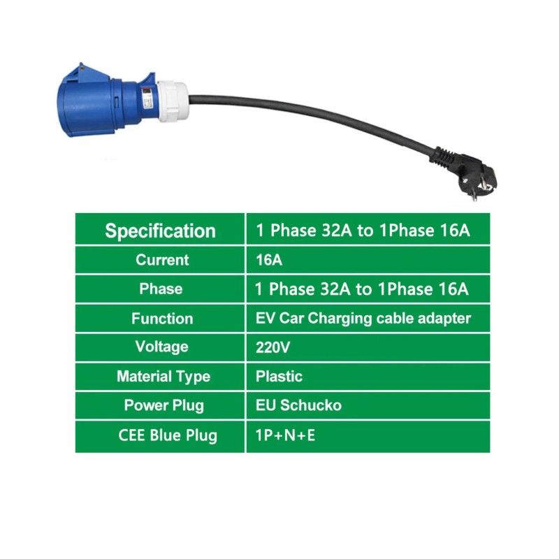 32A Blue CEE Adapter Cable Type2 EV Charger Plug 3-Pole Schuko 2 Pin Outlet Adapter Blue CEE to Schuko Plug for EV Charger