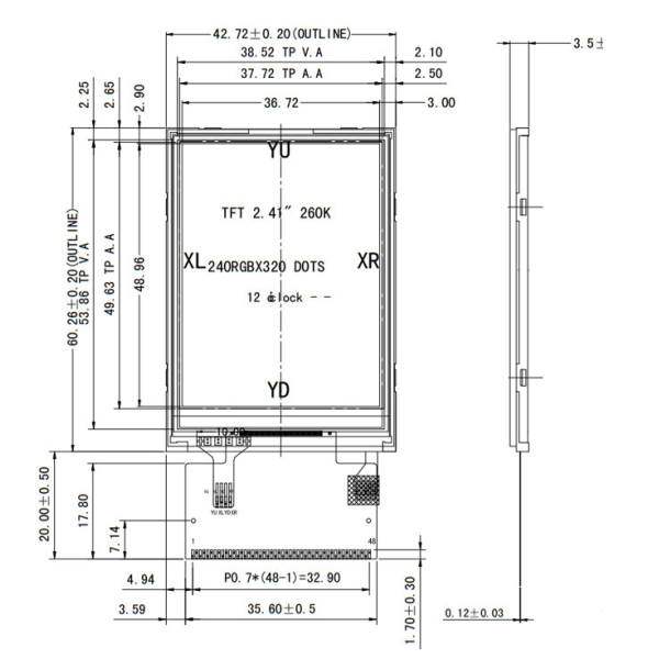 2.4 inch TFT LCD display external dimensions diagram