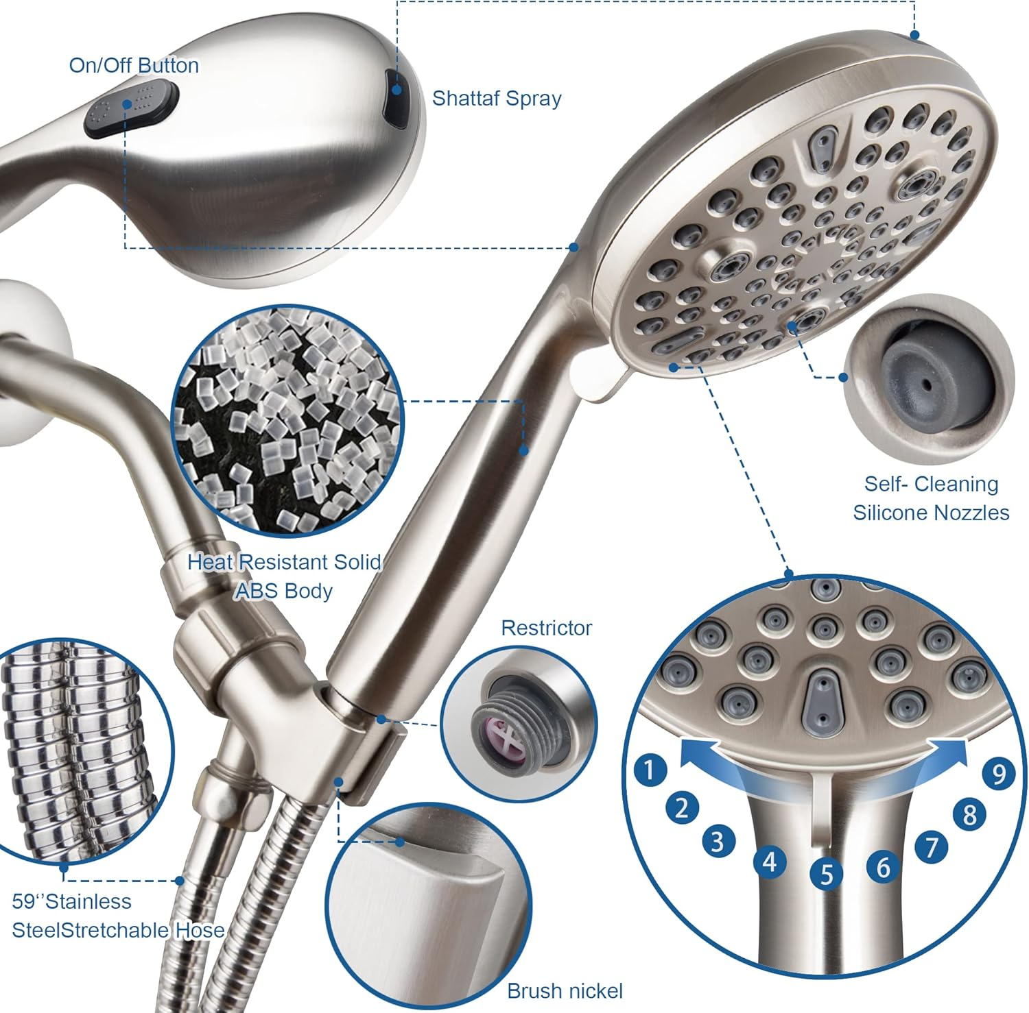 High-Pressure Handheld Shower Head With 9 Spray Settings, 69-Inch Flexible Hose With Adjustable Bracket, Brushed Nickel Finish
