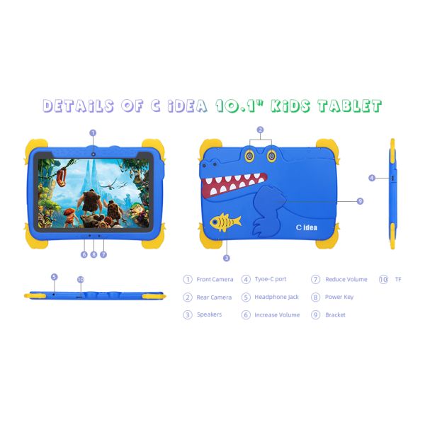 C Idea 10.1" Kids Tablet PC Android 16 Wi-Fi FHD Capacitive Screen Drop Resistance Educational For Children Blue Dinosaur Design P1150