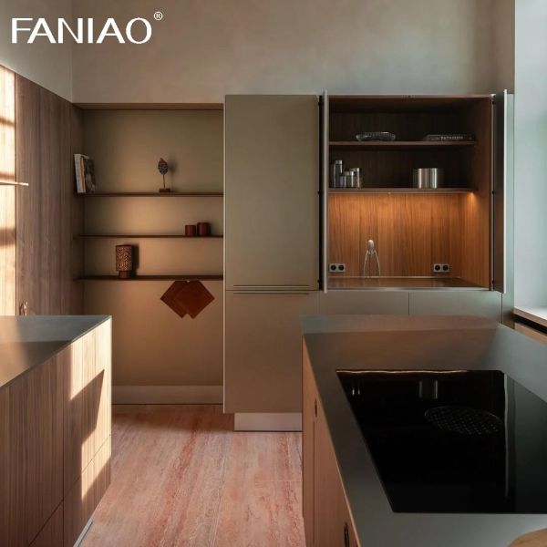 Modern Wood Grain 304 Stainless Steel Waterproof Villa Kitchen Cabinet