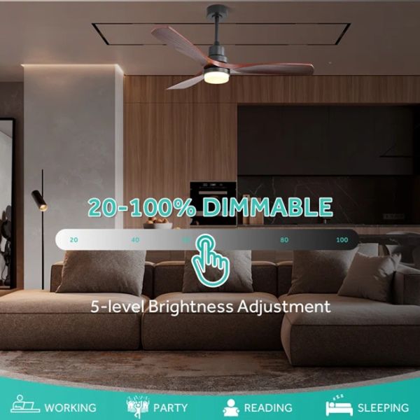 Dimmable 52'' Ceiling Fan With LED Lights Wood Iron Black Decoration