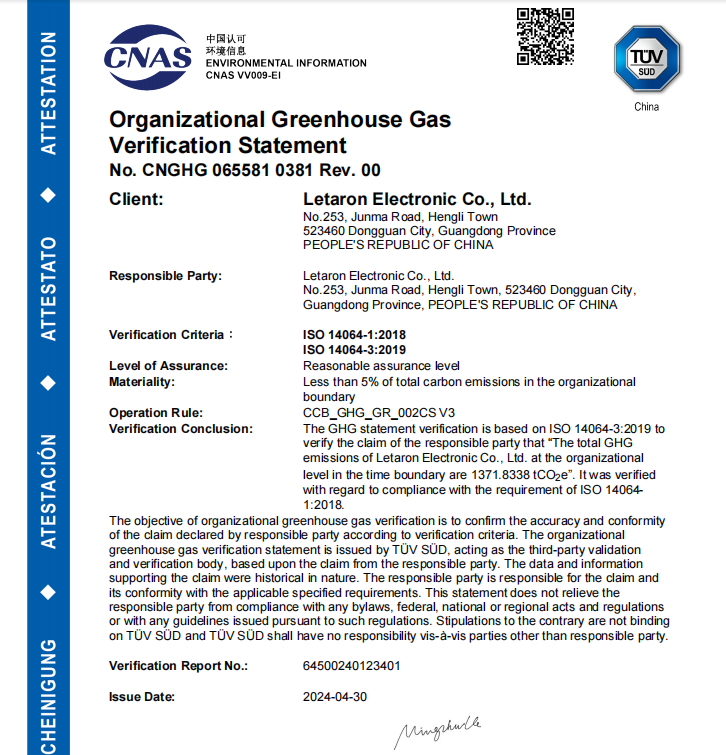 Letaron Electronic Co. Ltd. Certifications