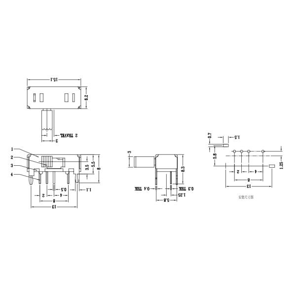 1P3T Miniature Horizontal Slide Switch DC50V 0.5A