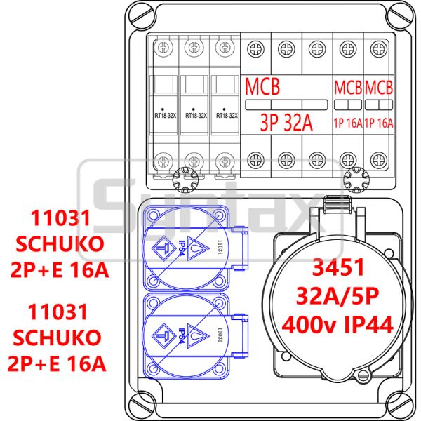 Syntax CX7 Wall Mounted Distribution Box 32AMP Three Phase Fused Made in PC Electric Grey Stage Box 26*17*14CM