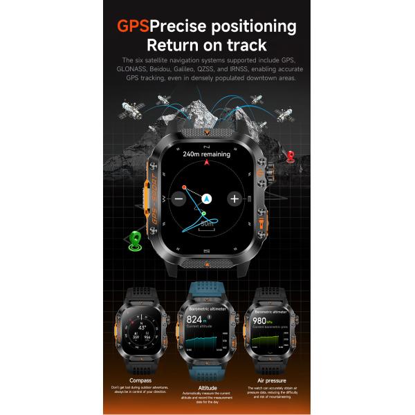 GPS Sports Smartwatch 2.01'' IPS Display Bluetooth Talk Altitude Barometer Compass LED Flashlight