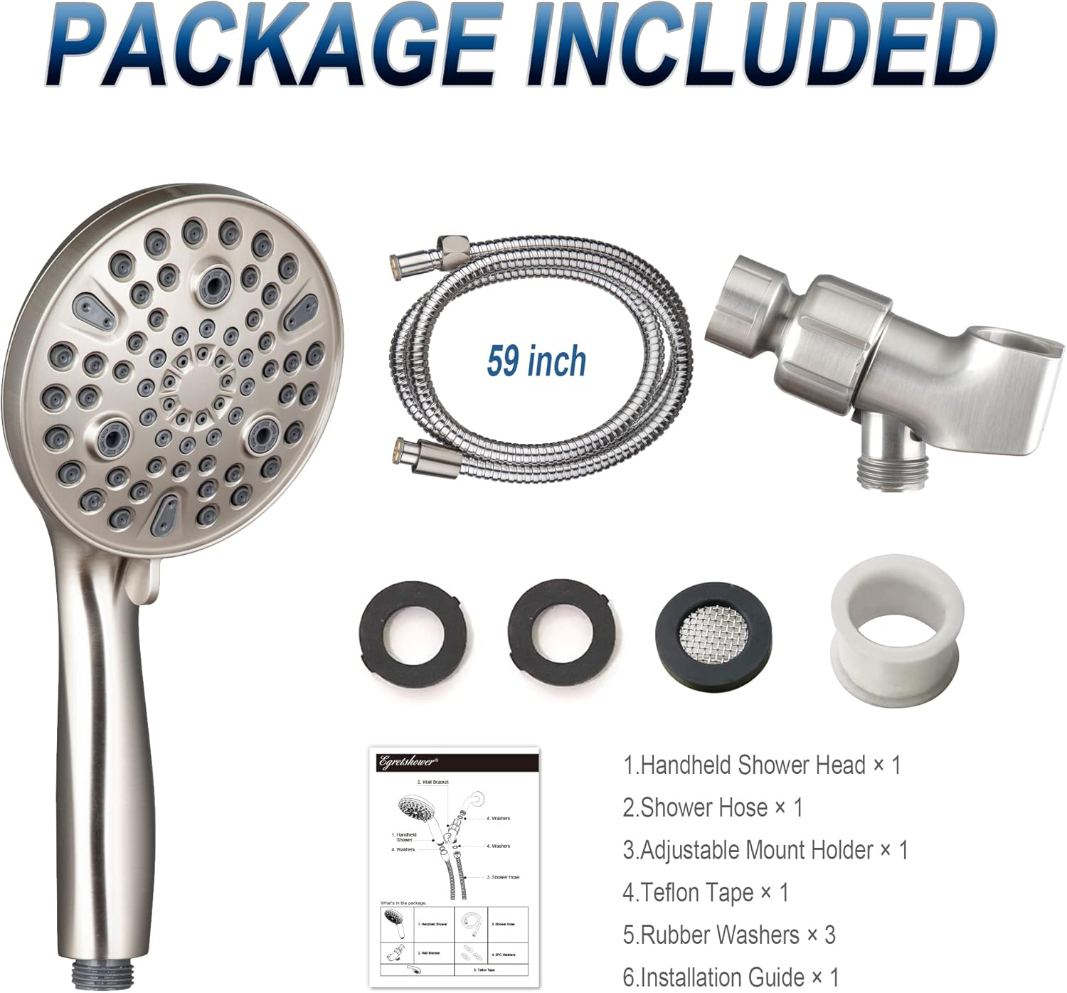 High-Pressure Handheld Shower Head With 9 Spray Settings, 69-Inch Flexible Hose With Adjustable Bracket, Brushed Nickel Finish