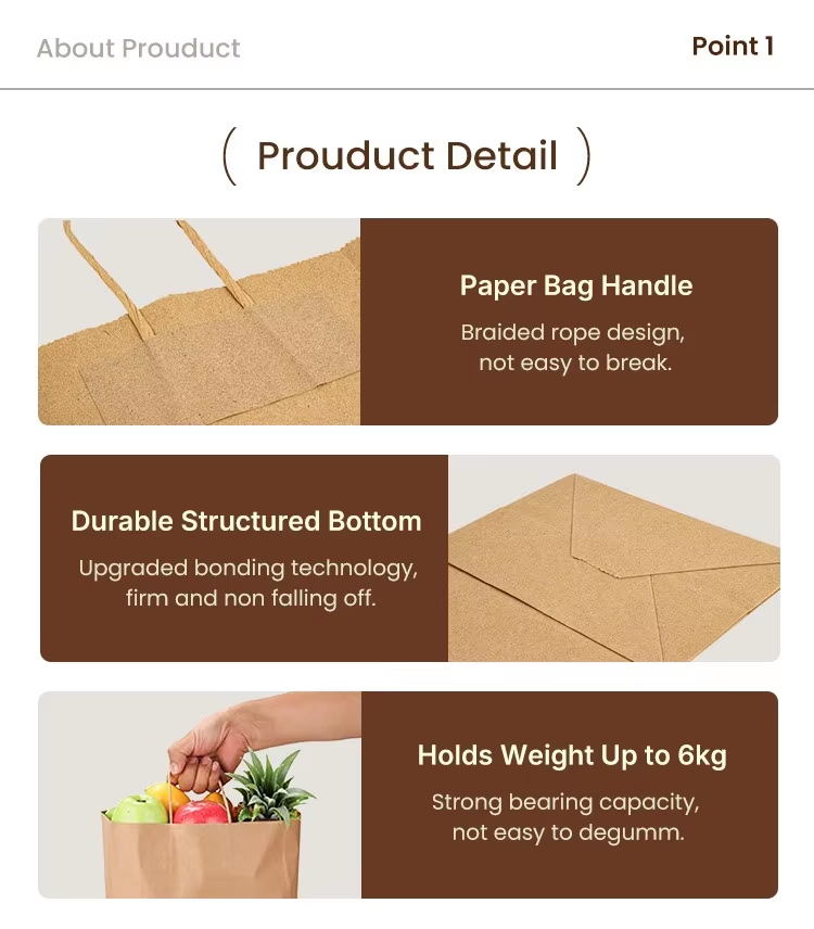 Eco Friendly Customized Logo Size Food Clothing Packaging Fast Food Takeaway Kraft Paper Bag With Die Cut Handle