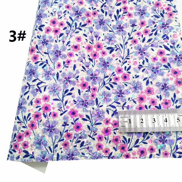 Shiny Spring Flower Printed Glitter Cotton Velvet Bottom PU Leather Fabric