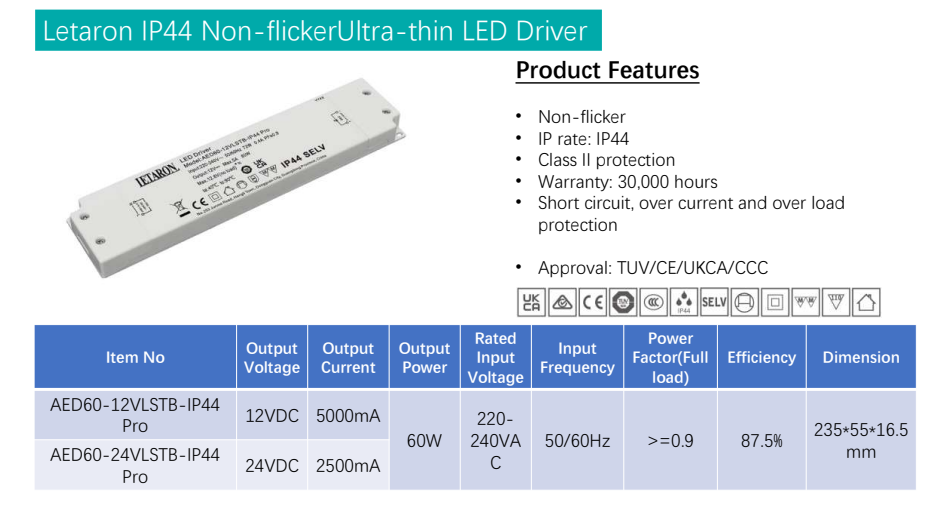Class II 60W IP44 Flicker-free Letaron LED Driver for Mirror LED Strip Light
