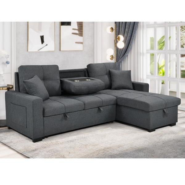 L-Shaped Reversible Sectional Sleeper Sofa with Pull-Out Bed and Storage, Neutral Gray Fabric