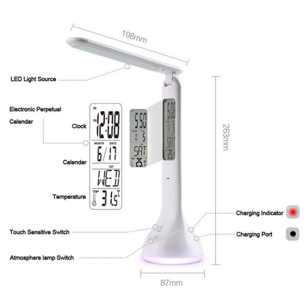 White Dimmable Led Desk Lamp , Smd Led Foldable Desk Lamp With Calendar Clock