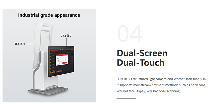 15.6" Desktop Dual-Screen Self-Service Kiosk, Optional Android & Windows OS, Integrated with 80mm Thermal Printer, Barcode Scanner and NFC Reader