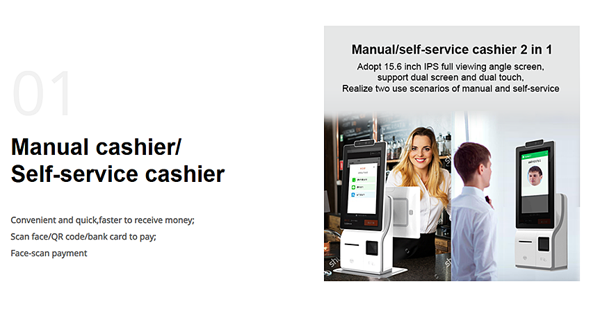 15.6" Desktop Dual-Screen Self-Service Kiosk, Optional Android & Windows OS, Integrated with 80mm Thermal Printer, Barcode Scanner and NFC Reader