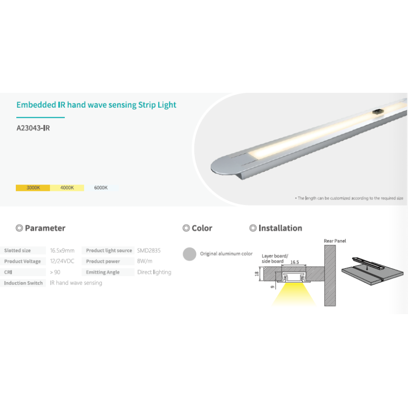 RA90+ Smart IR Hand Wave Embedded LED Lights with Custom Length 12/24V Cabinet Lighting