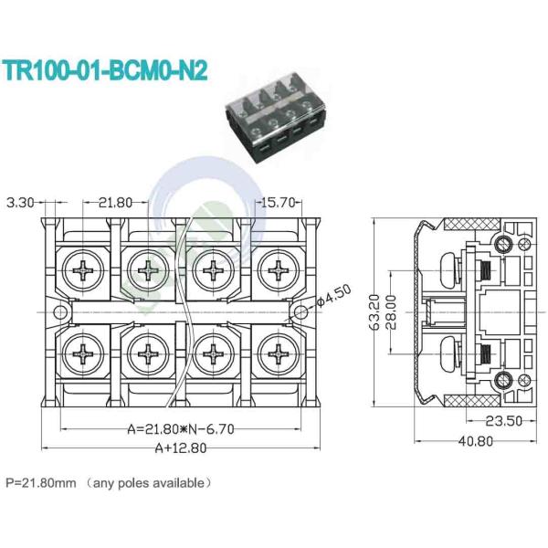 High Current Terminal Connector 600V 101A 21.80mm Any Poles Available Used In Industrial Control