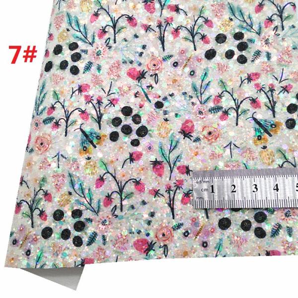 Shiny Spring Flower Printed Glitter Cotton Velvet Bottom PU Leather Fabric
