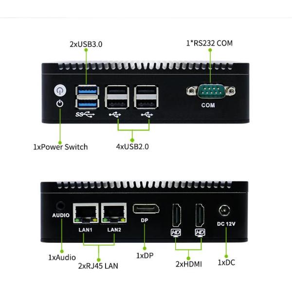 Nano-N5 Plus Industrial Mini PC with Quad Core J3710, Fanless Design, and Compact 134x126x38.5mm Size