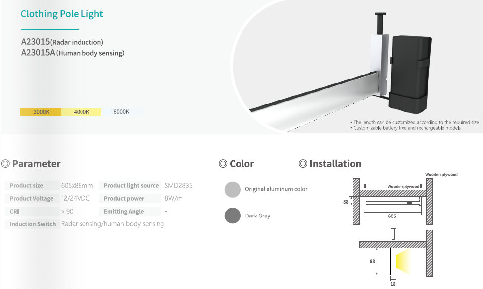 Radar Sensor & Motion Sensor LED Closet Rod Light SMD2535 3000K/4000K/6000K