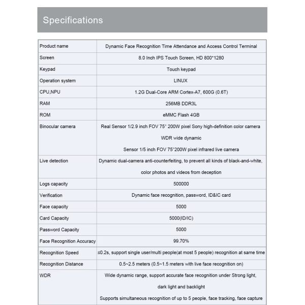 8-Inch WiFi TCP HD IPS Biometric AI Face Recognition Door Access Control System RFID Reader Night Vision Motion Detection