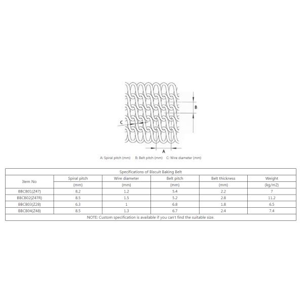 Technical drawing of biscuit baking belt specifications
