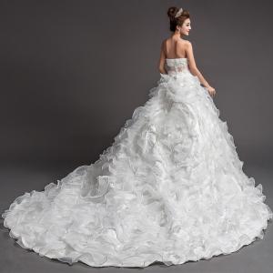 Buy cheap Small Strapless White Ruched Wedding Dresses Long Chapel Train Sleeveless Wedding Dresses product