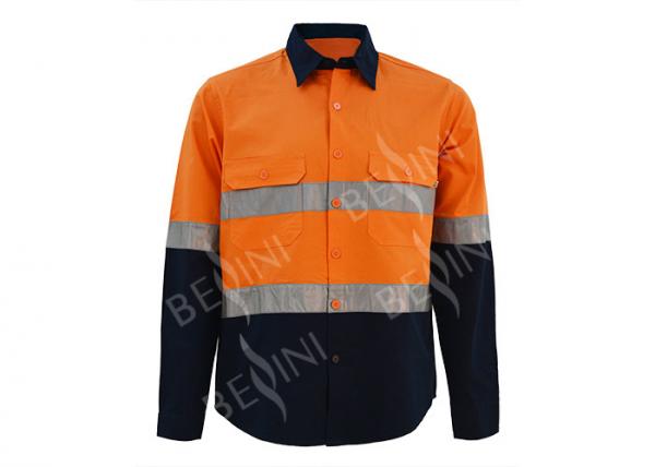Quality Durable Orange/ Navy Safety Work Clothes Reflective Work Shirts No Pilling for sale