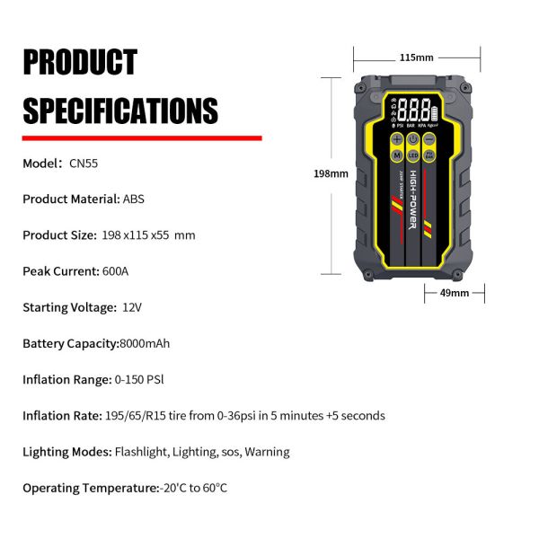 Emergency Car 12 Volt Battery Jump Starter With Air Pump Compressor 150PSI Tire Inflator Jump Starter Booster Pack
